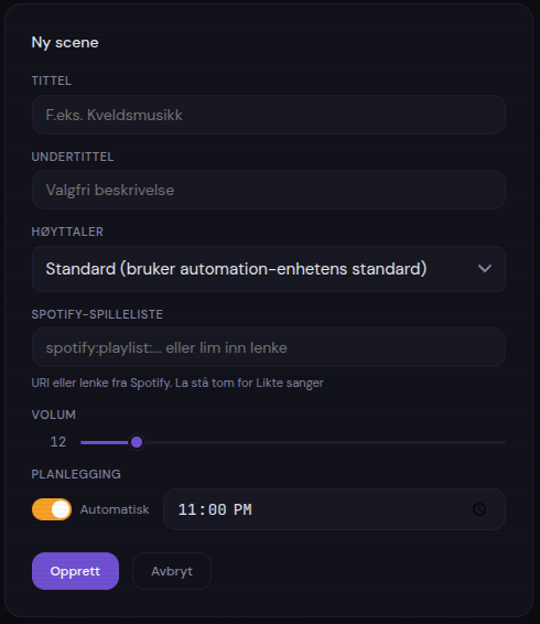 Creating a new scene with playlist, volume, speaker, and schedule time